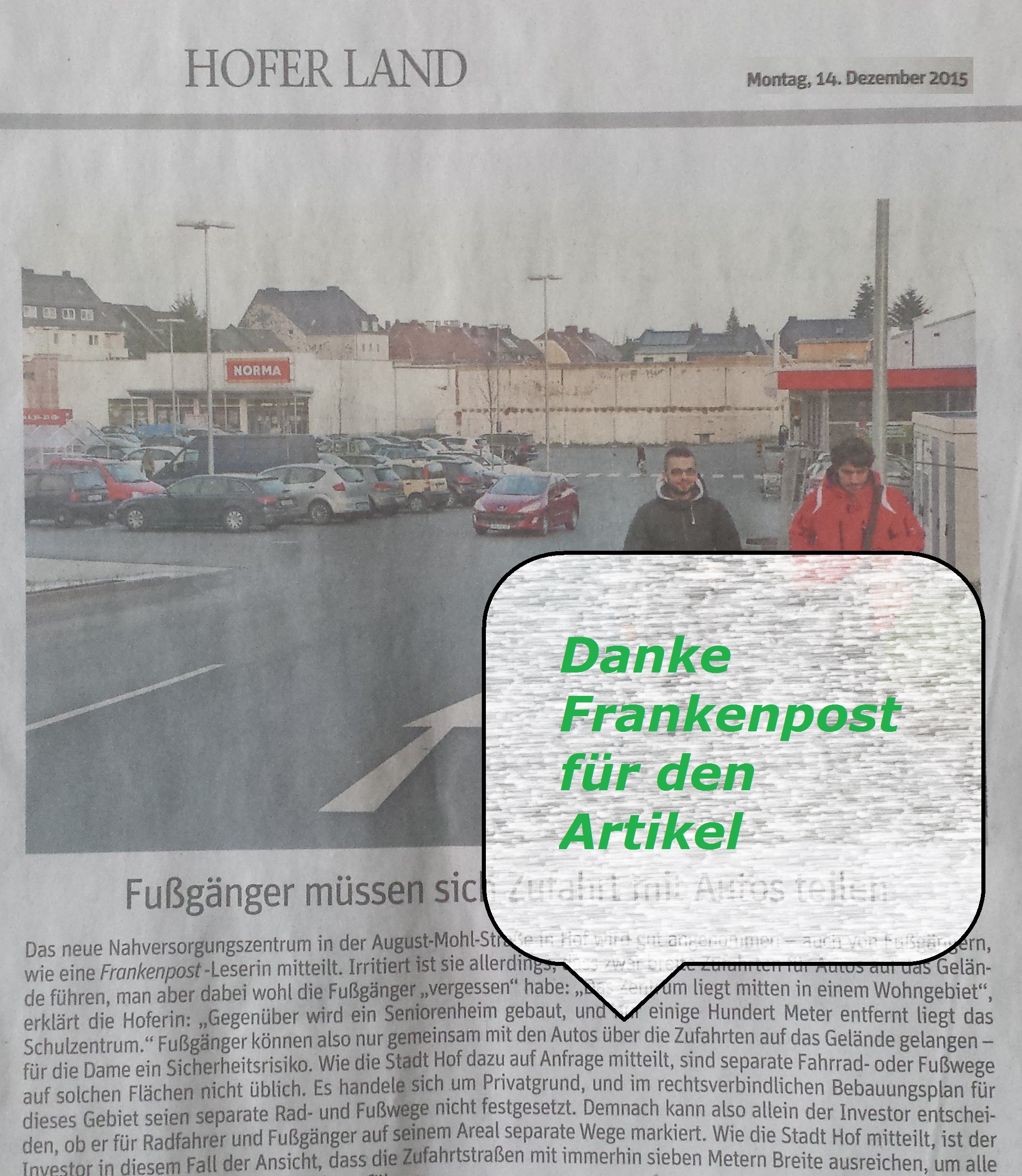 Frankenpost berichtet am Dienstag 14.12.2015 über das Nahversorgungszentrum August-Mohl-Straße in Hof